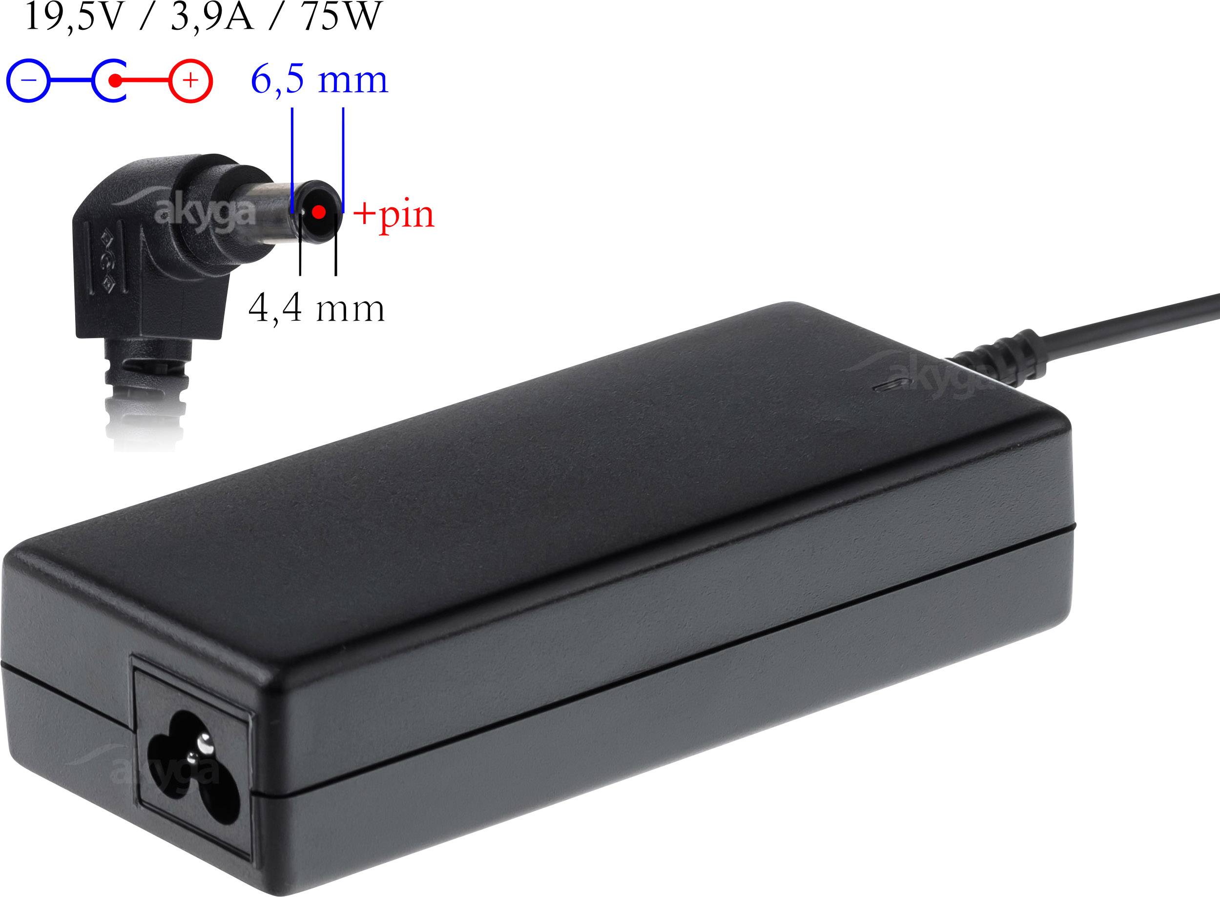 Schwarzes Netzteil mit den Angaben 19,5V, 3,9A, 75W. Der Stecker misst 6,5 mm außen und 4,4 mm innen, mit positivem Mittelpinsel.
