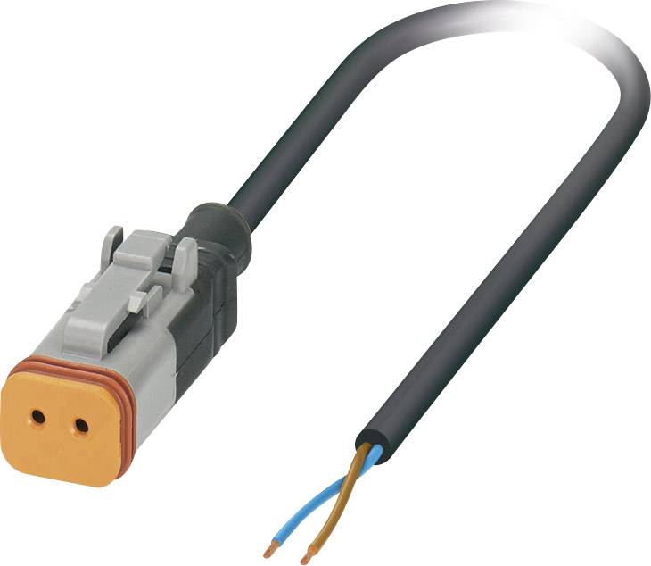Ein elektrischer Stecker mit zwei Drähten, schwarz und blau, verbunden mit einem schwarzen Kabel. Verwendet für Elektroinstallationen.