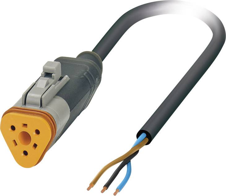Dreiadriges Kabel mit orange-grauem Stecker. Die Kabelenden sind offen und zeigen die Adern in den Farben Blau, Braun und Schwarz.
