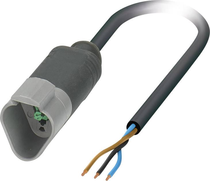 Ein graues elektrisches Kabel mit einem Stecker auf einer Seite und drei freiliegenden Drähten in den Farben Braun, Blau und Grün/Gelb auf der anderen Seite.