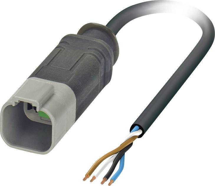 Ein schwarzes Kabel mit einem grauen Stecker und drei freiliegenden Kupferdrähten am Ende, passend für elektrische Anschlüsse.