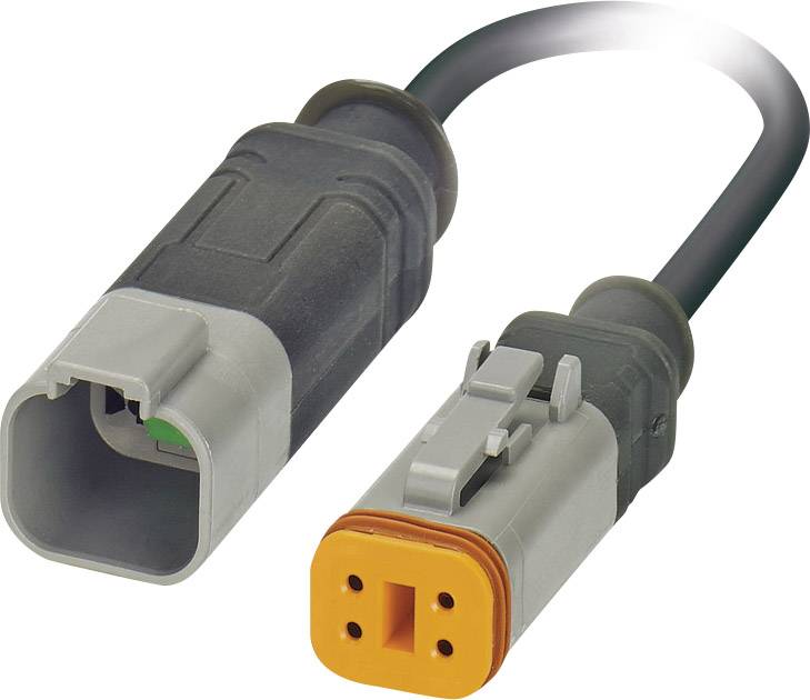Ein elektrischer Stecker mit zwei Enden: rechts ein männlicher Anschluss mit orangefarbenem Gehäuse, links ein weiblicher Anschluss.