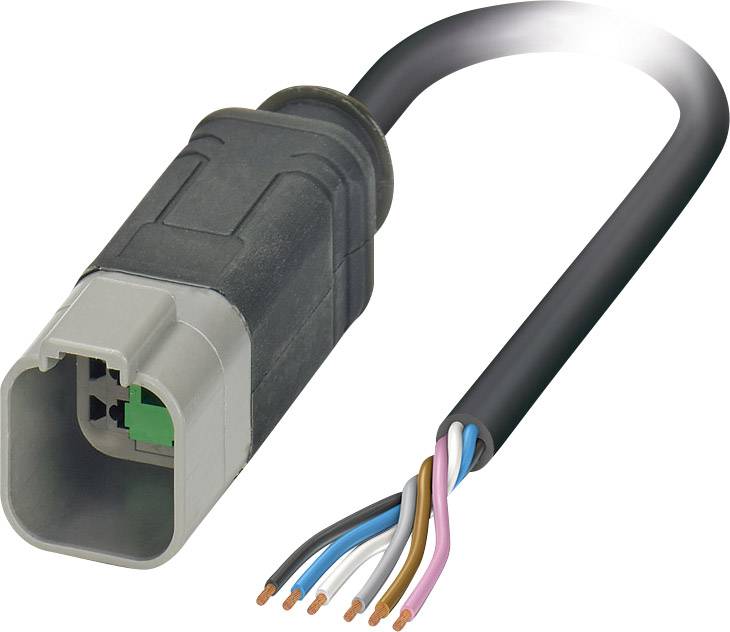 Ein Stecker mit mehreren offenen Kabeldrähten, die verschiedene Farben haben, verbunden mit einem schwarzen Kabelmantel.