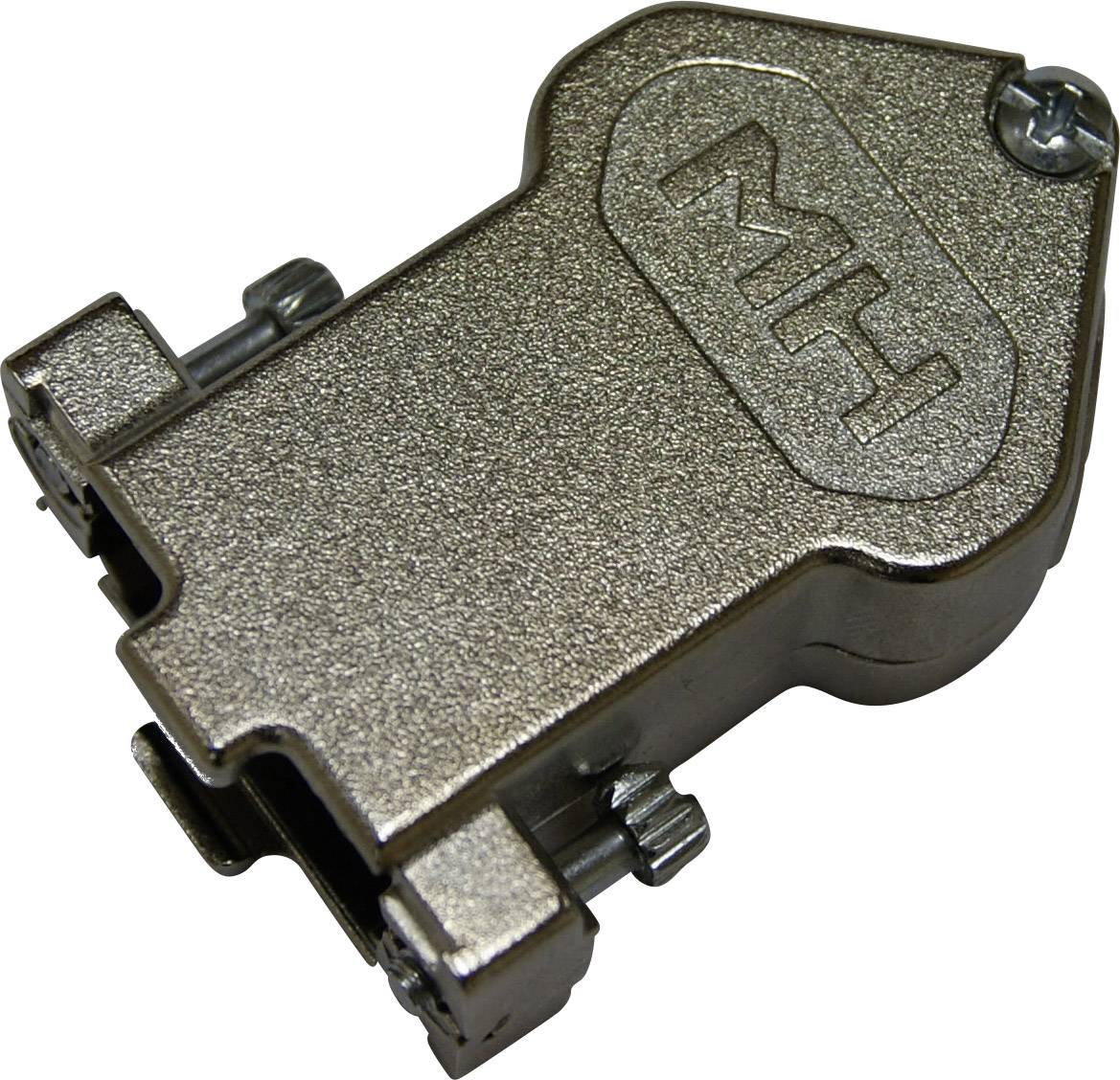Metallischer Hüllenstecker mit der Prägung 'MH', seitlich befestigbar, zur Verbindung von Kabeln in elektronischen Geräten.