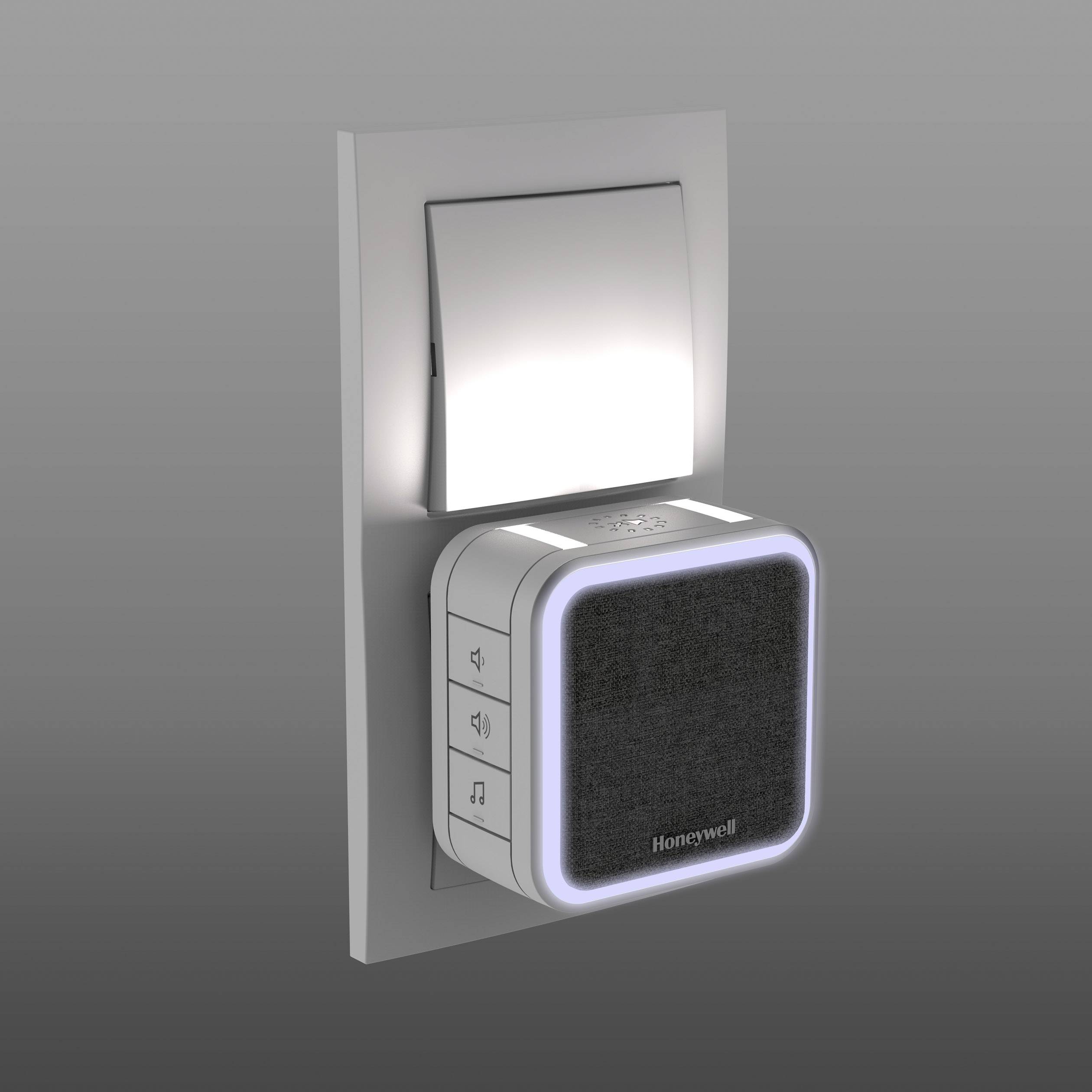 Eine digitale Türklingel von Honeywell mit Lautstärketasten und einem schlichten, modernen Design an einer Wand montiert.