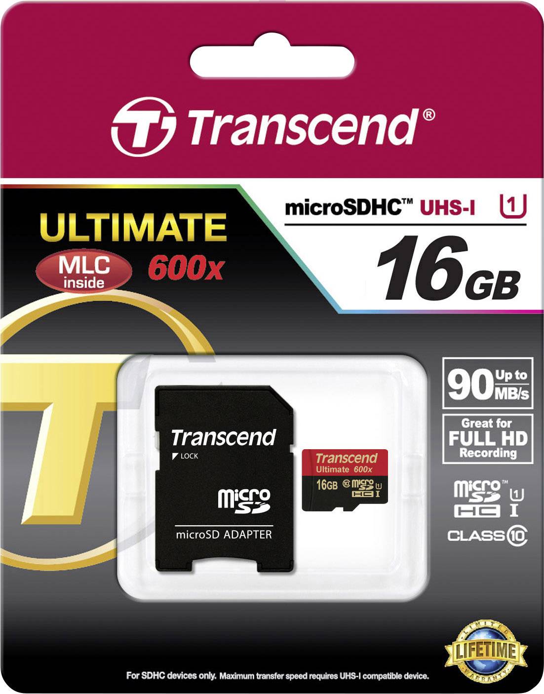 Transcend Ultimate (600x) microSDHC-Karte Industrial 16GB Class 10, UHS-I inkl. SD-Adapter