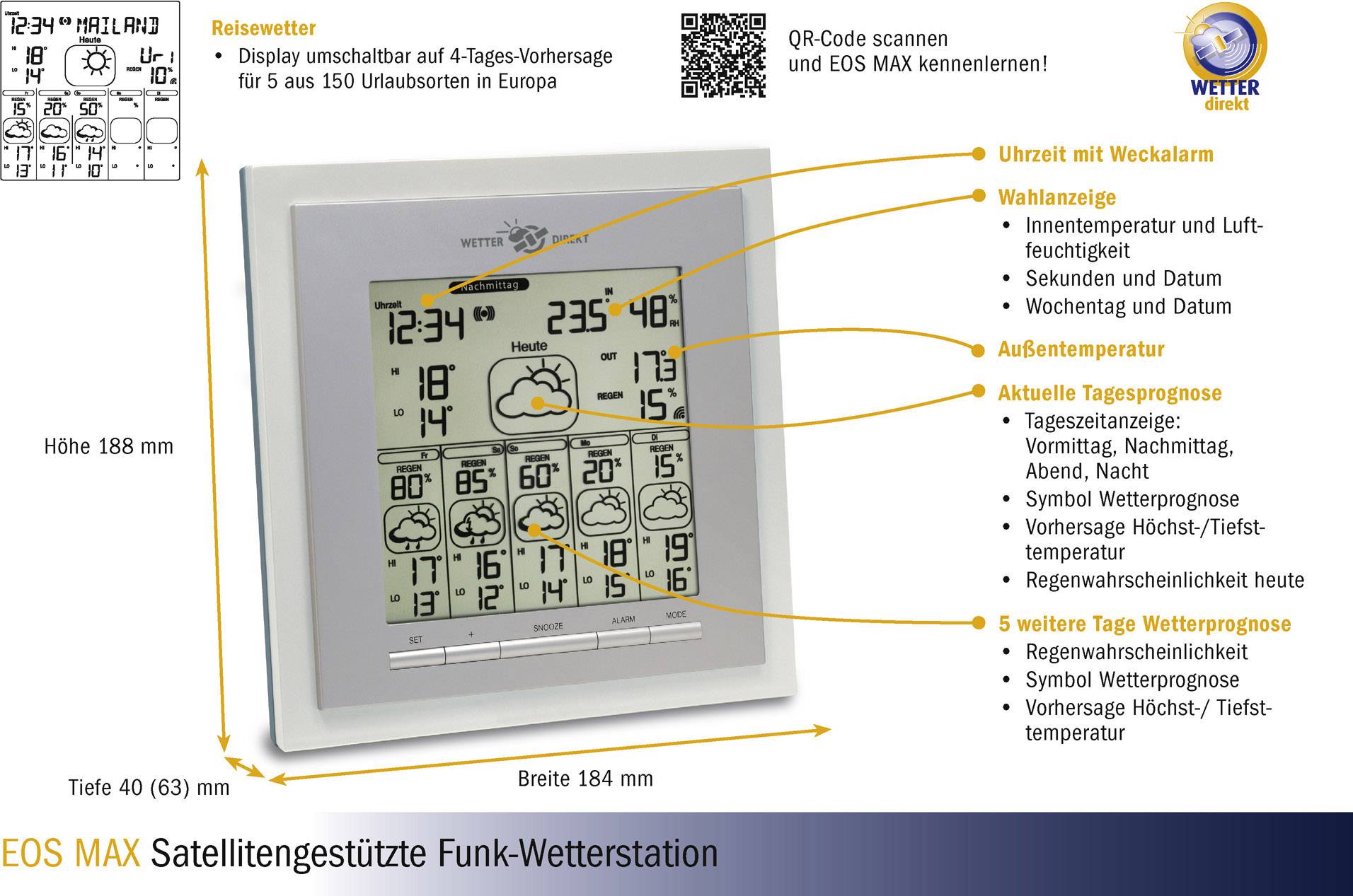 TFA Dostmann EOS MAX weiß 35.5015.02 Satelliten Wetterstation Vorhersage für 6 Tage Anzahl Sensoren max. 1