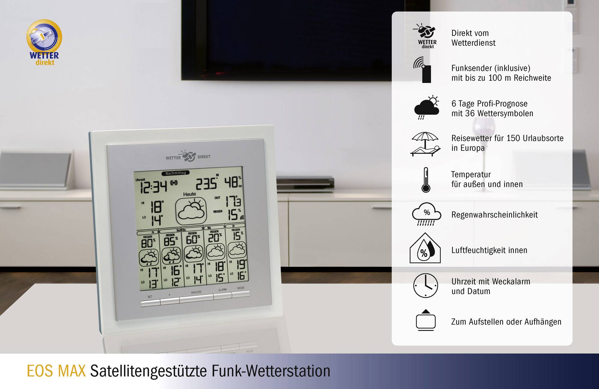 TFA Dostmann EOS MAX weiß 35.5015.02 Satelliten Wetterstation Vorhersage für 6 Tage