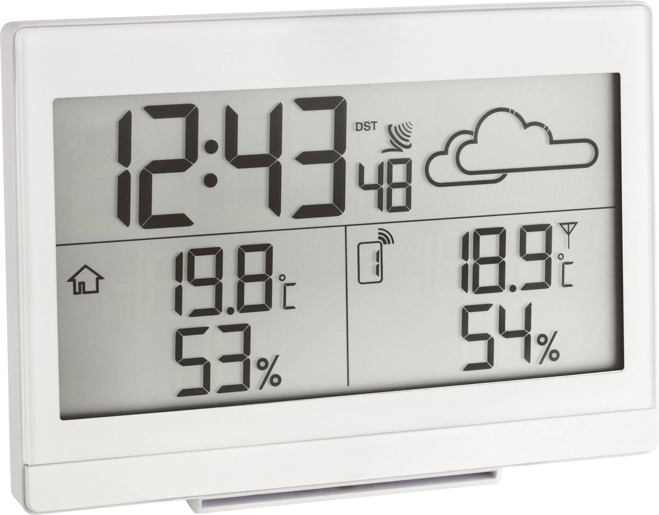 Eine Digitaluhr zeigt die Zeit 12:43 an, mit Symbolen für Sommerzeit und bewölktes Wetter. Temperatur 19,8°C und 18,9°C mit Luftfeuchtigkeit 53% und 54%.