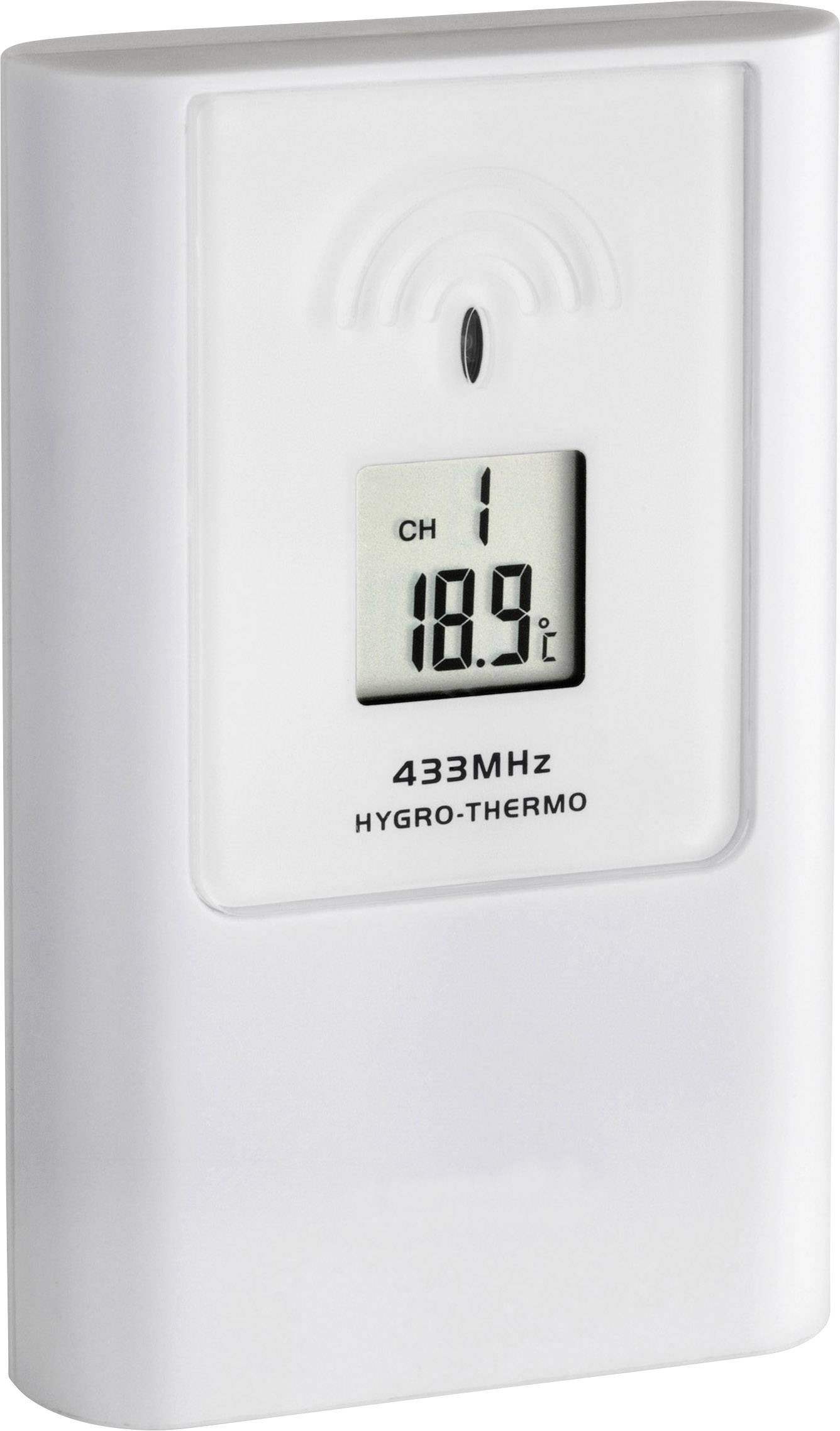 Ein weißer digitaler Temperatur- und Feuchtigkeitssensor zeigt '18,9°C' auf der Anzeige an. Geeignet für 433 MHz Geräte.