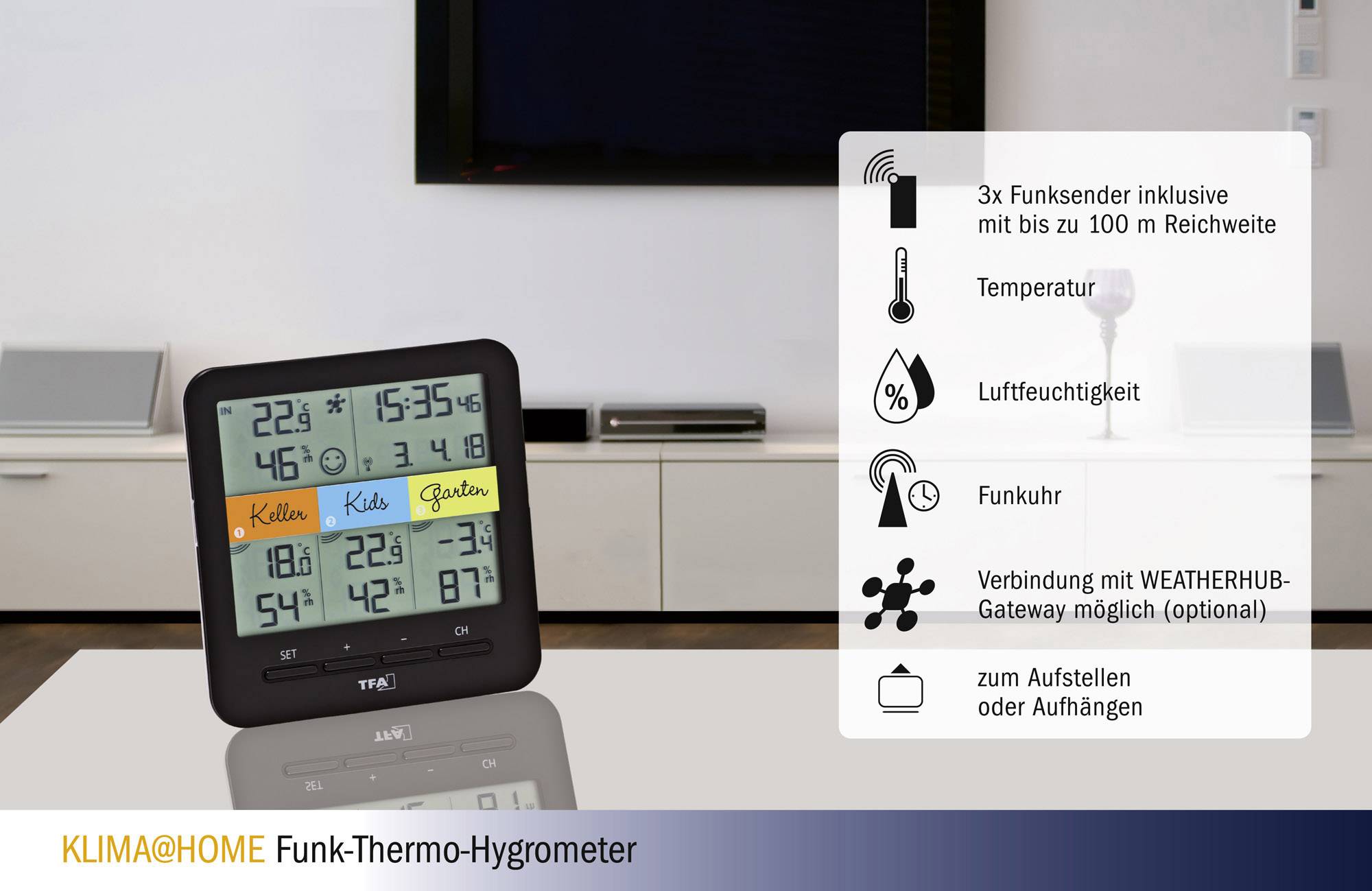 TFA Dostmann Weatherhub SmartHome System Klima@Home Funk-Thermo-/Hygrometer Schwarz 30.3060 IT