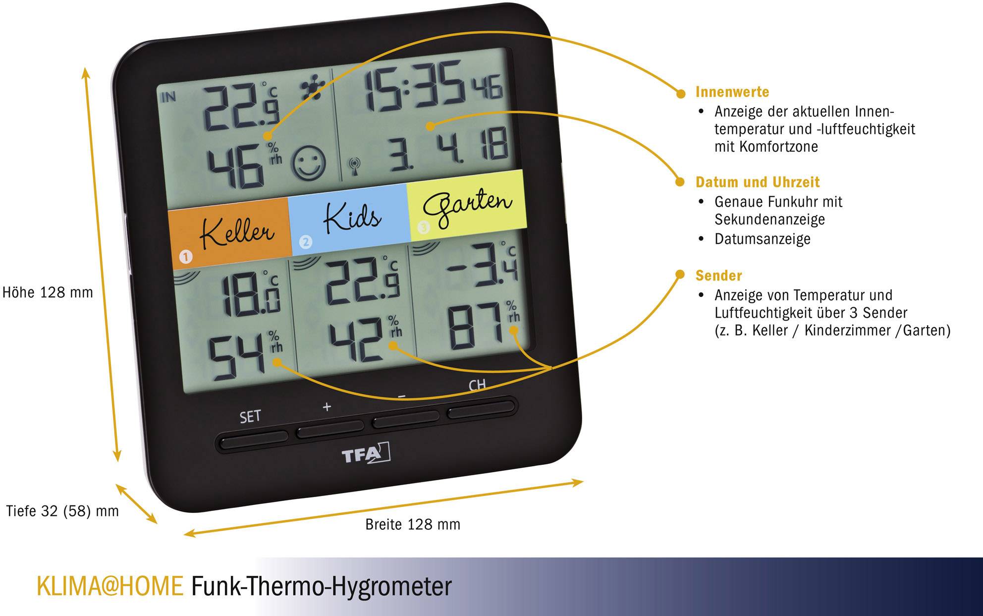 TFA Dostmann Weatherhub SmartHome System Klima@Home Funk-Thermo-/Hygrometer Schwarz 30.3060 IT