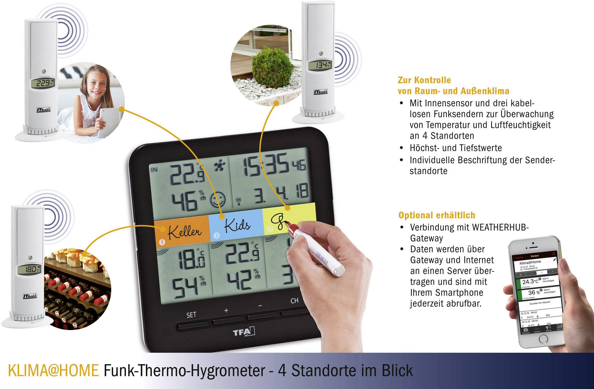 TFA Dostmann Weatherhub SmartHome System Klima@Home Funk-Thermo-/Hygrometer Schwarz 30.3060 IT