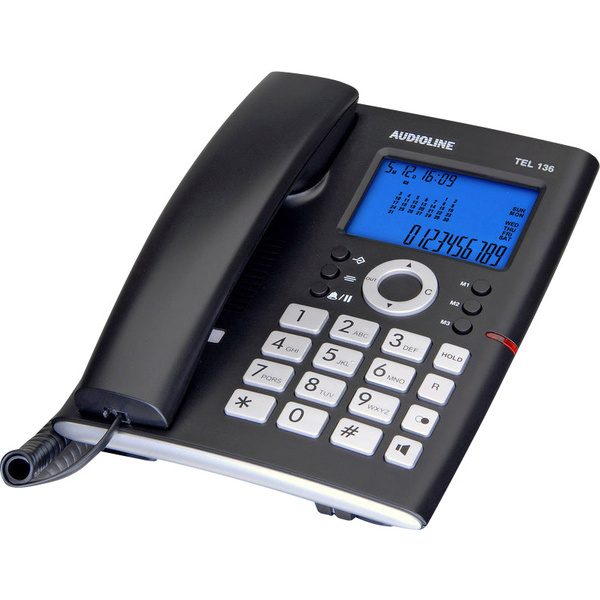 Audioline TEL 136 Schnurgebundenes Telefon, analog Freisprechen Beleuchtetes Display Schwarz, Silber