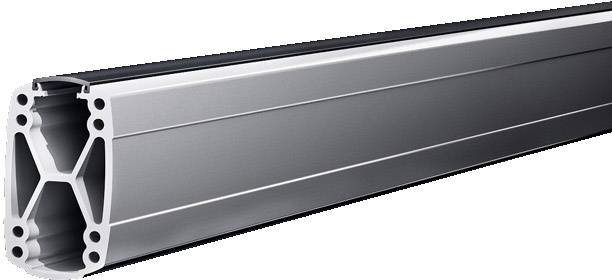 Ein silbernes Aluminiumprofil mit rechteckigem Querschnitt und abgerundeten Kanten, für Gerüst- oder Konstruktionszwecke.