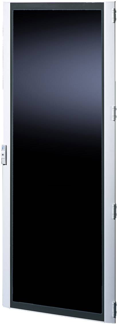 Schwarze, rechteckige Glastür mit silbernem Rahmen und Scharnieren auf der rechten Seite, eventuell für ein modernes Gebäude geeignet.