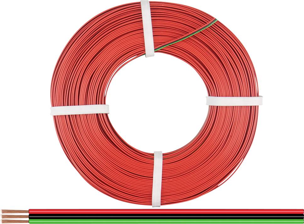 Eine große Rolle aus rotem Kupferdraht, darunter ein Abschnitt des Drahtes, der innen Kupfer und außen rot, grün und schwarz beschichtet ist.