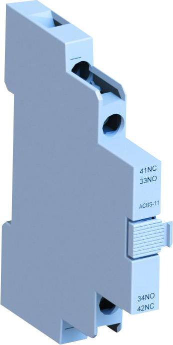 Blaue, schmale elektrische Steckklemme mit mehreren Anschlüssen und seitlichem Schalter. Markierungen: '41NC', '33NO', '34NO', '42NC', 'ACBS-11'.