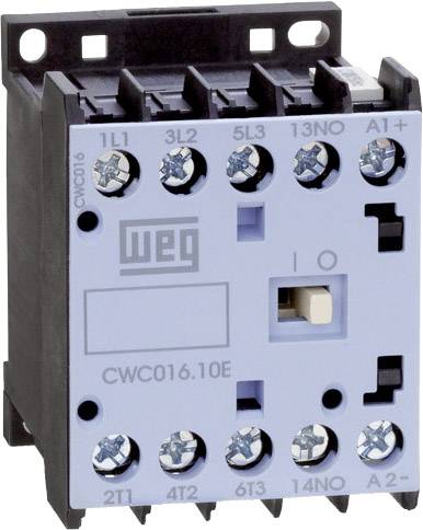 Ein elektrischer Schütz von WEG mit mehreren Schraubklemmen, Modellnummer 'CWC16.10E', dient zur Steuerung von Stromkreisen.