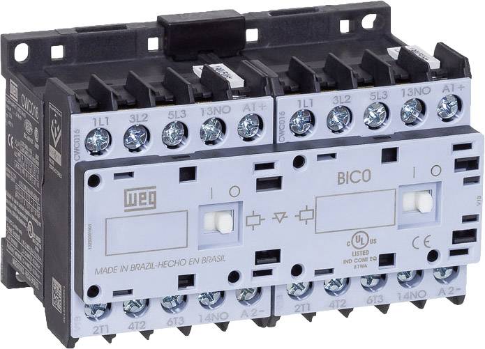 'WEG BICO' Schütz mit elektrischen Anschlüssen und Beschriftungen. Gehäuse aus Kunststoff, markiert als in Brasilien hergestellt.