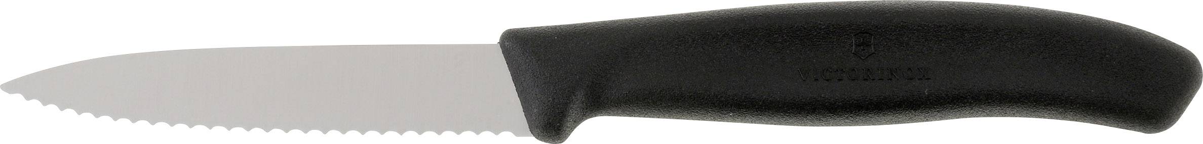 Ein schwarzes Küchenmesser mit Wellenschliff und ergonomischem Griff, geeignet zum Schneiden von Lebensmitteln.