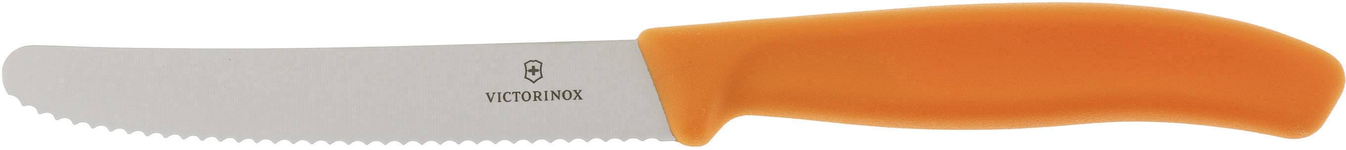 Ein Wellenschliffmesser mit einer orangenem Griff, geeignet zum Schneiden von Brot oder Gemüse.
