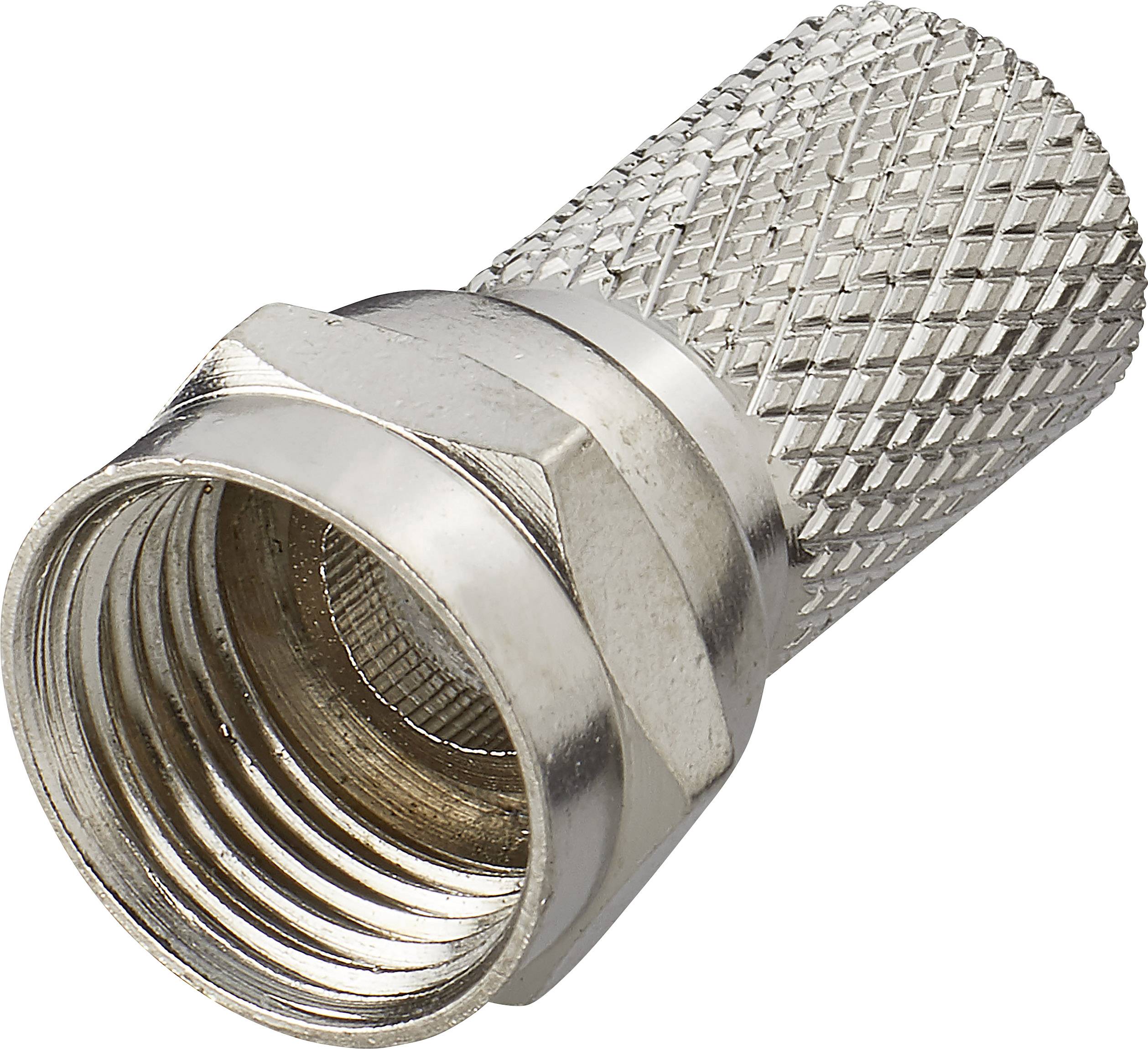 Ein silberner F-Stecker mit geriffelter Oberfläche für Koaxialkabel, meist in TV- oder Satellitensystemen verwendet.