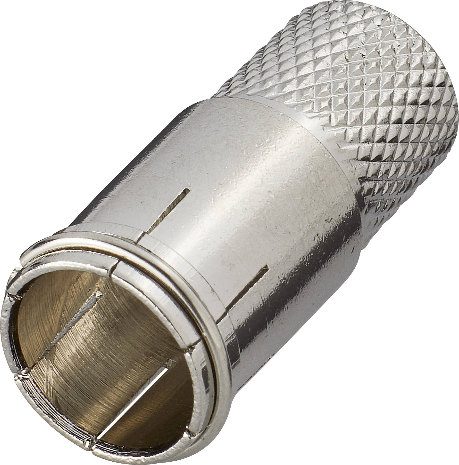 Ein silberner Koaxialkabeladapter mit geriffelter Oberfläche, dient zur Verbindung von Antennenkabeln in elektronischen Geräten.