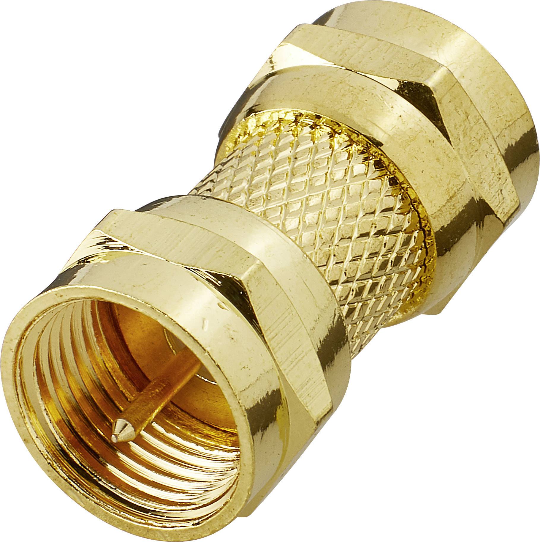 Ein goldener F-Stecker mit geriffeltem Griff, der zum Verbinden von Koaxialkabeln verwendet wird, liegt auf einer weißen Oberfläche.