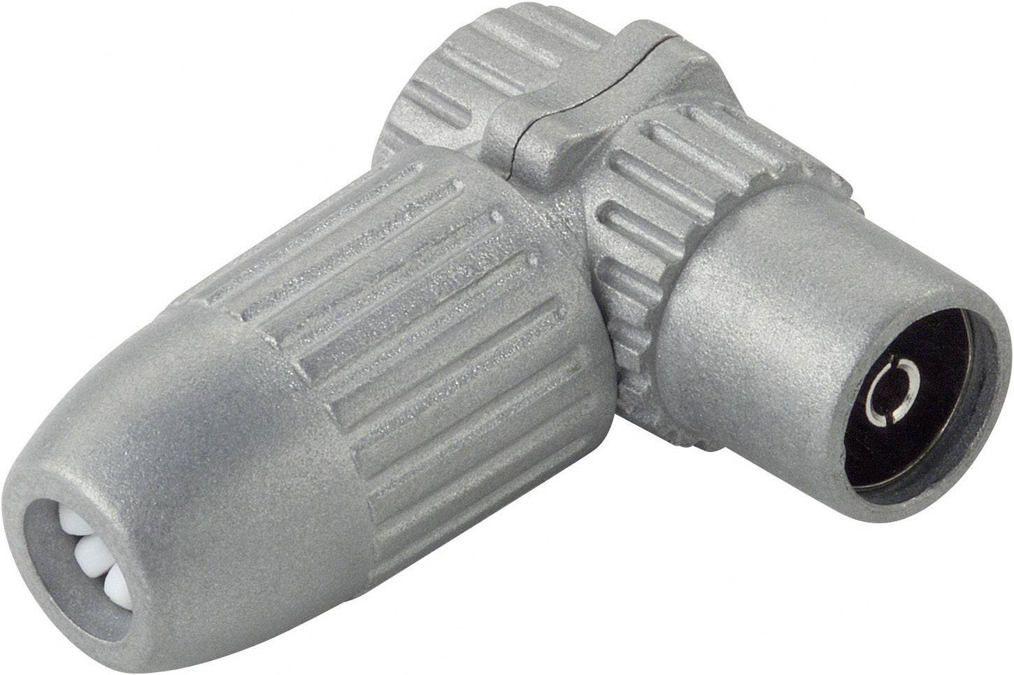 Metall-Steckeradapter mit zwei zylindrischen Enden, die rechtwinklig angeordnet sind. Geeignet für Koaxialkabelverbindungen.