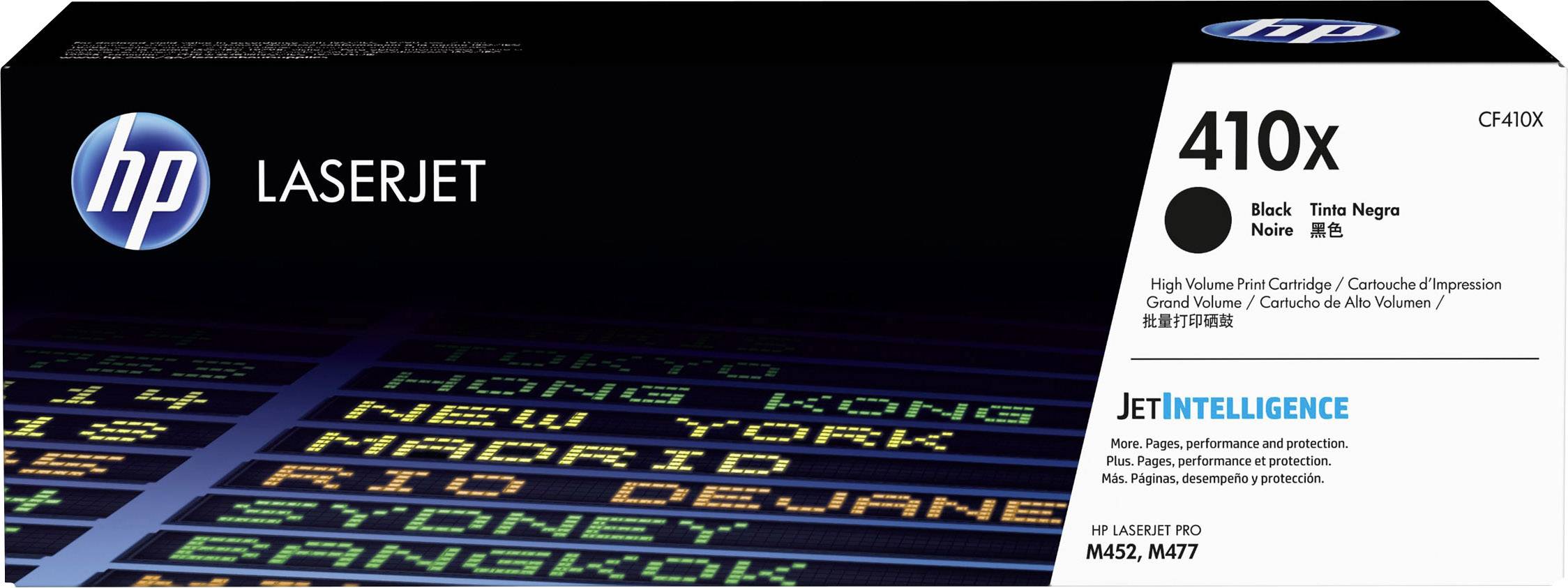 Eine HP LaserJet 410X Druckerpatrone mit hoher Kapazität. Text auf der Verpackung betont 'JetIntelligence' für bessere Druckleistung.