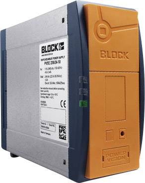 Ein industrielles Netzteil mit Aufschrift 'BLOCK'; orange Vorderseite, graues Gehäuse; technische Details und Prüfzeichen auf der Seite.