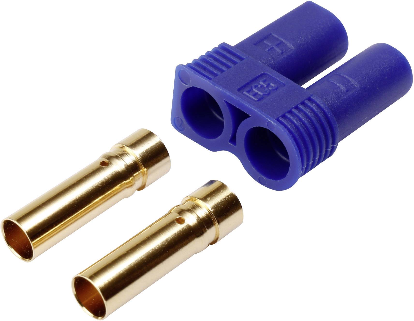 Ein blauer EC5-Stecker mit zwei goldenen Bananensteckern. Häufig in Modellbau oder Elektroanwendungen verwendet.