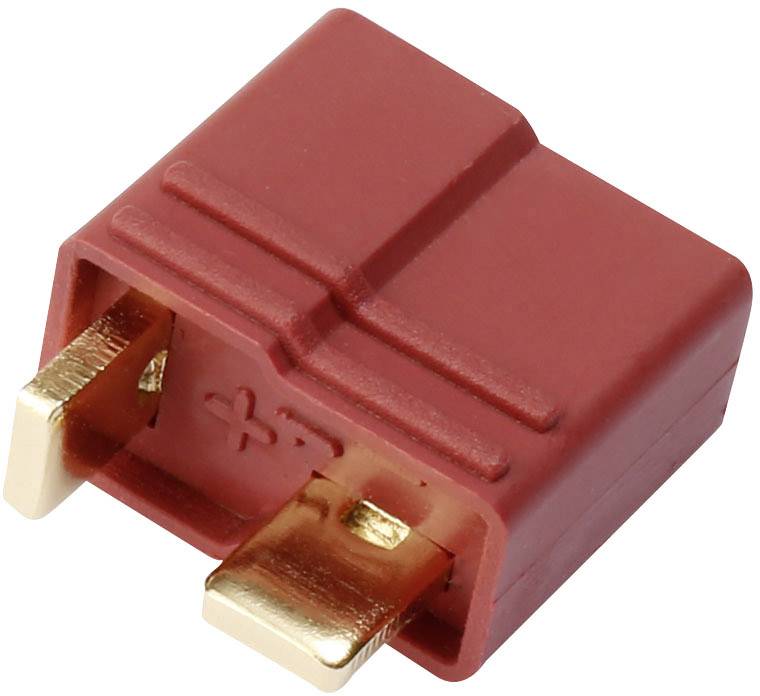Roter T-Stecker mit zwei goldenen Anschlusspins, häufig verwendet für die Verbindung in RC-Modellen und elektrischen Geräten.