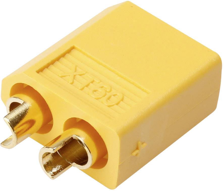Gelber XT60-Stecker mit zwei Metallstiften, häufig verwendet für die Verbindung in RC-Fahrzeugen, Drohnen und Batterien.