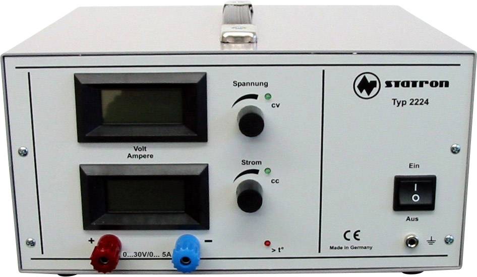 Elektronisches Netzgerät mit zwei digitalen Anzeigen für Spannung und Strom, Kippschalter zur Steuerung, hergestellt in Deutschland.
