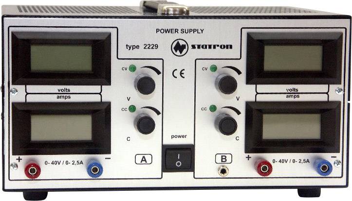 Labornetzgerät mit zwei digitalen Anzeigen zur Spannungseinstellung und Strombegrenzung, Modell 2229, Marke Startron, mit Regelknöpfen.
