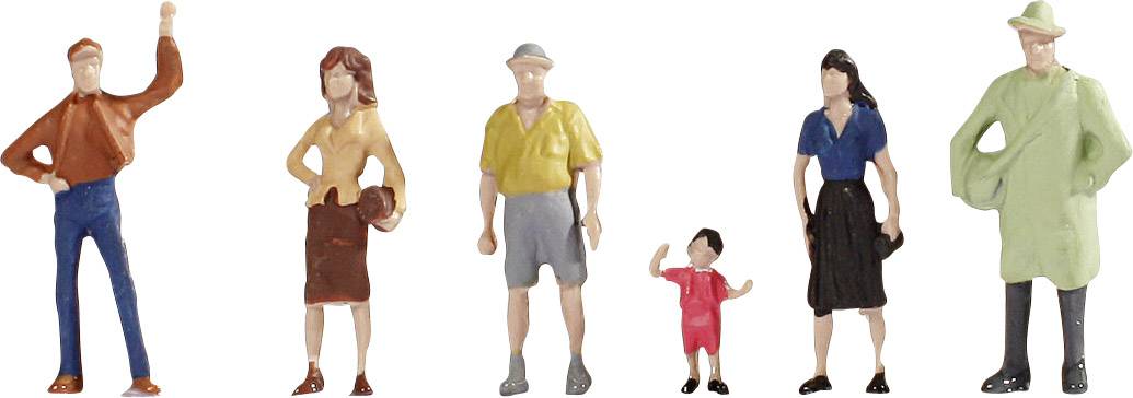 Sechs Miniaturfiguren in verschiedenen Posen und farbiger Kleidung stehen in einer Reihe, die Gruppendynamik oder Vielfalt darstellen.