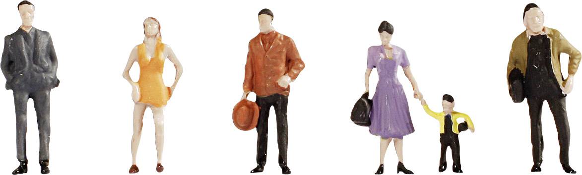 Fünf Miniaturfiguren: Zwei Männer in Anzügen, eine Frau in einem orangefarbenen Kleid, eine Frau in einem lila Kleid, die ein Kind an der Hand hält.