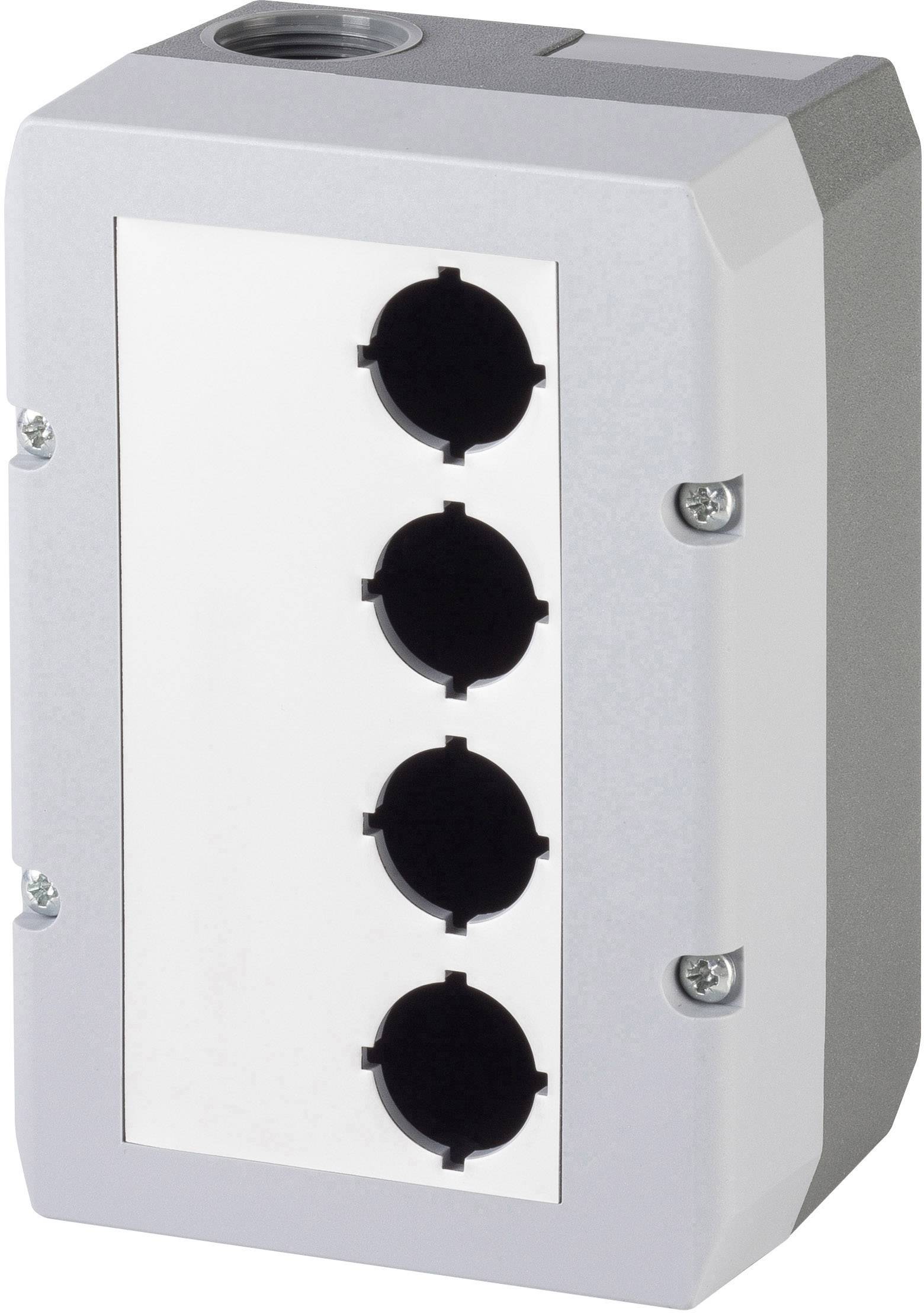 Gehäuse mit vier runden Öffnungen für Schalter oder Taster, gräuliches Design, geeignet für industrielle Anwendungen oder Steuerungen.