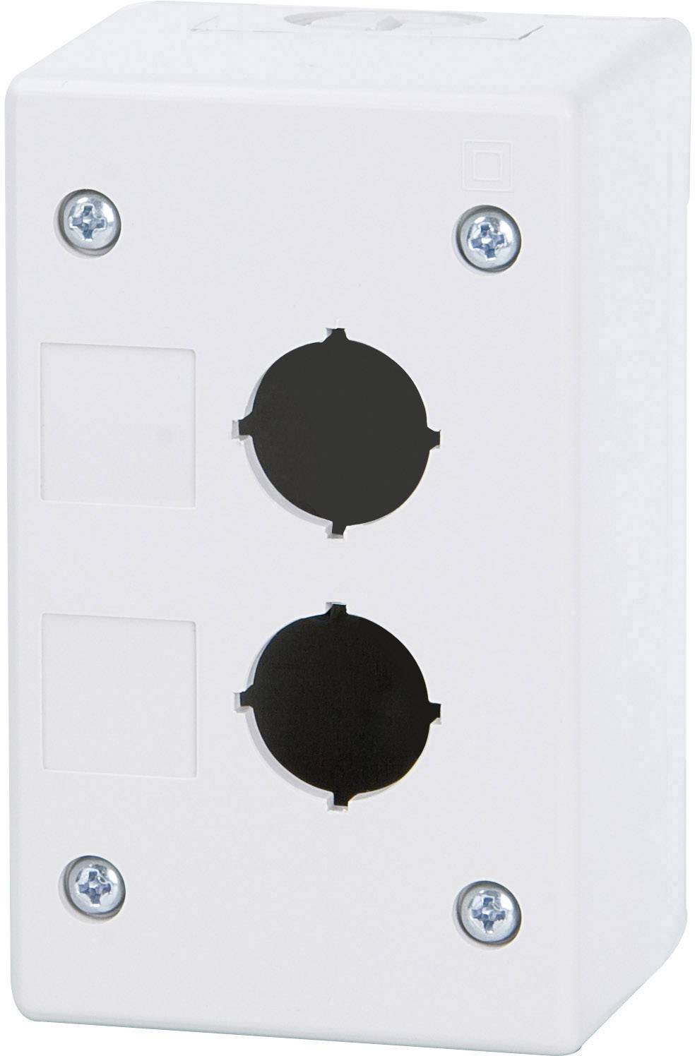 Weiße, rechteckige Wanddose mit zwei runden Steckplätzen, jeweils mit vier Schrauben befestigt, keine Stecker eingesteckt.