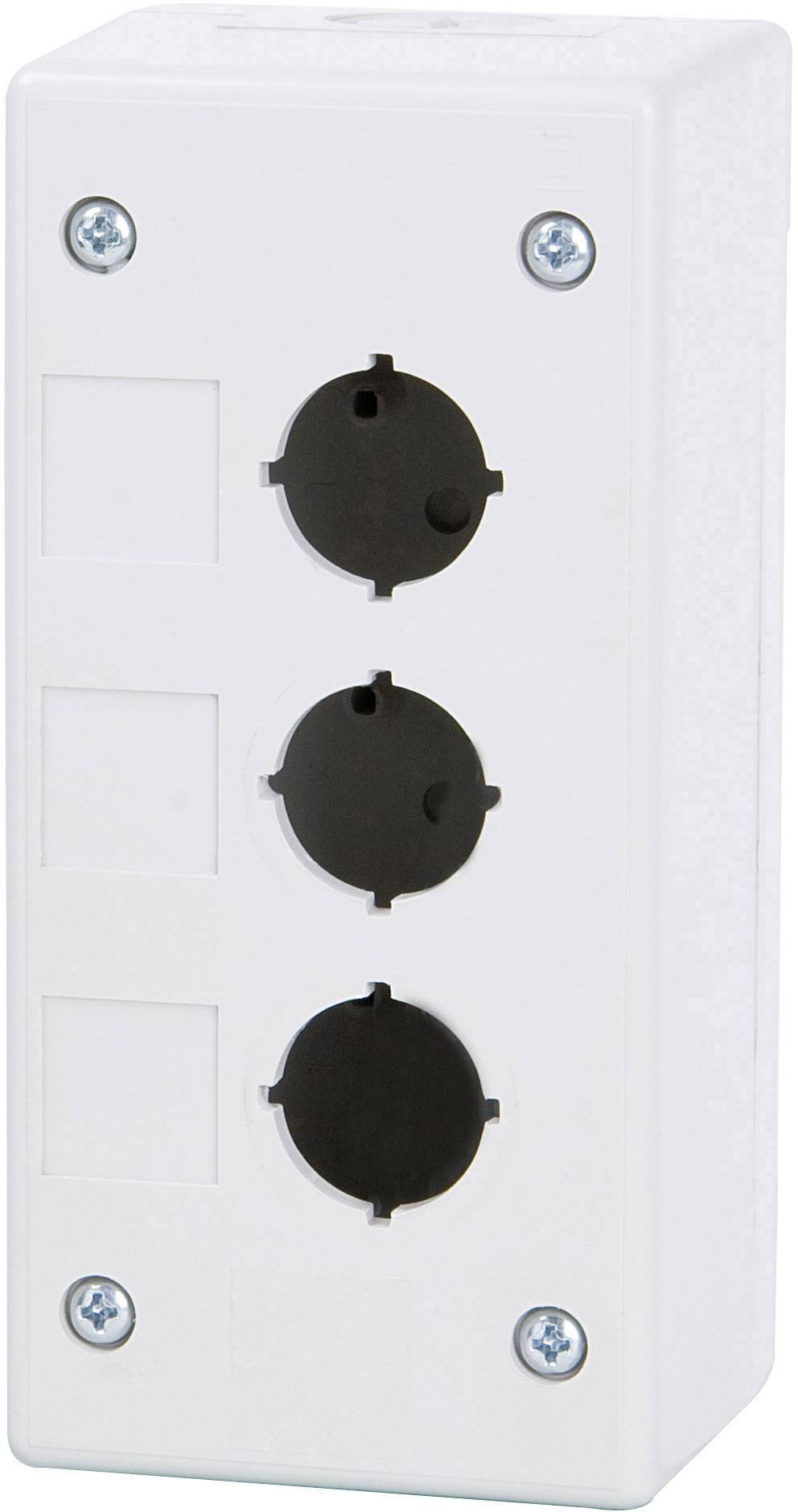 Ein weißer Stromkasten mit drei schwarzen runden Steckdosen und vier sichtbaren Schrauben an den Ecken.
