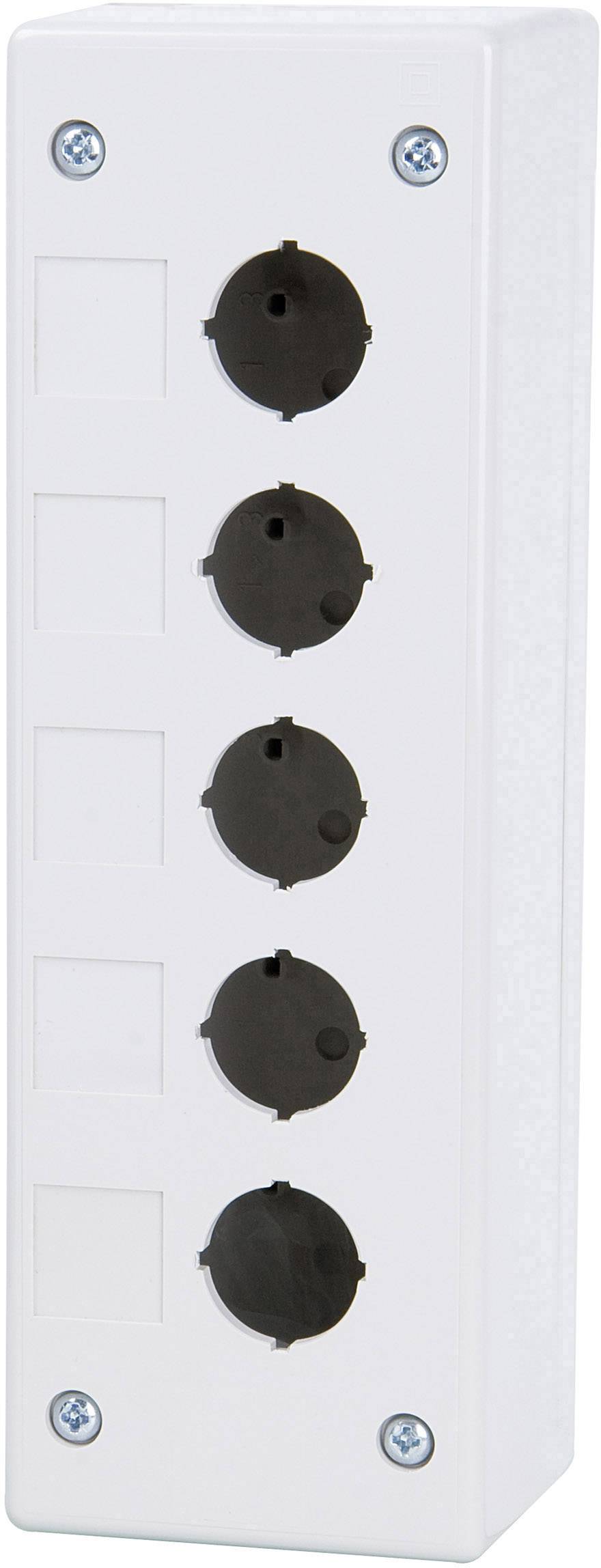 Weiße Schalttafel mit vier schwarzen Steckdosen in vertikaler Anordnung. Zwei sichtbare Schrauben an den Ecken.