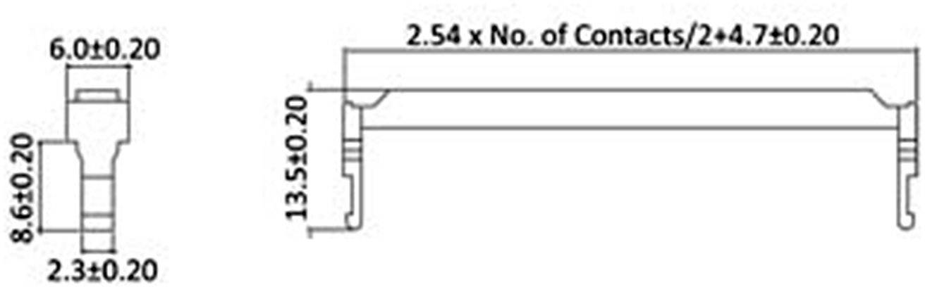 Diagramm eines elektronischen Steckverbinders mit Maßen: Höhe 13,5 mm, Breite 8,64 mm, Länge: 2,54 x Anzahl der Kontakte/2 + 4,74 mm.