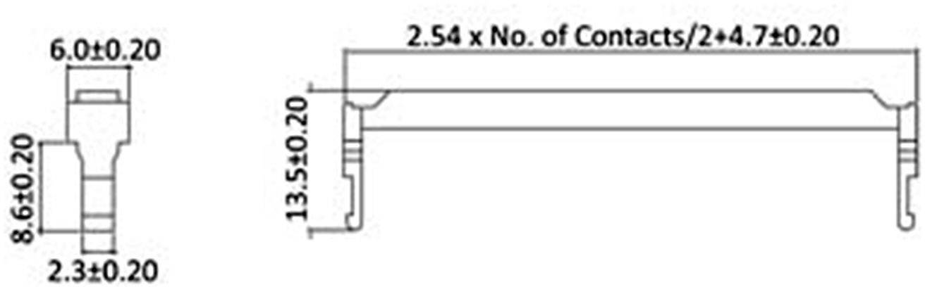 Diagramm eines Steckverbinders mit Maßen: Breite 6,00 ±0,20 mm, Höhe 8,64 ±0,20 mm, Länge mit Formel für Anzahl der Kontakte.