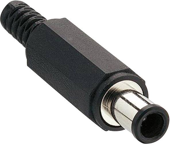 Ein schwarzer DC-Netzteilstecker mit Metallspitze liegt auf weißem Hintergrund. Er wird oft für elektronische Geräte verwendet.