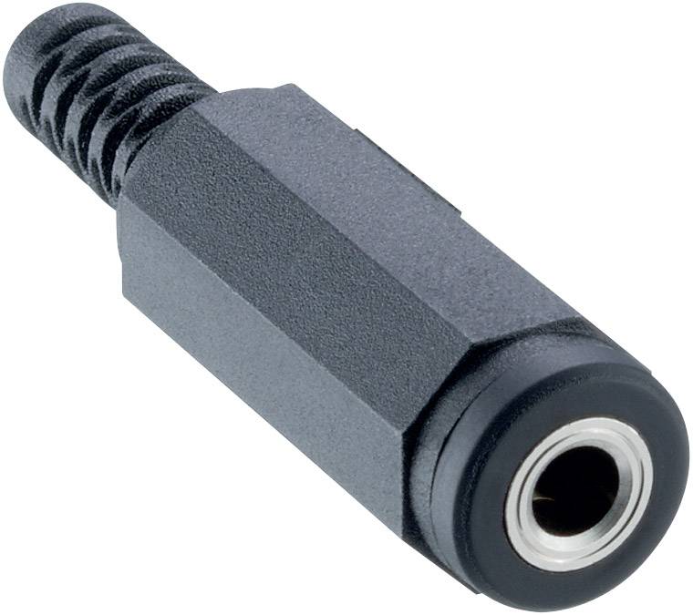 Schwarze 3,5mm Klinkenbuchse mit Kunststoffgehäuse und Griff, oft verwendet in Audiogeräten für Kopfhöreranschluss.