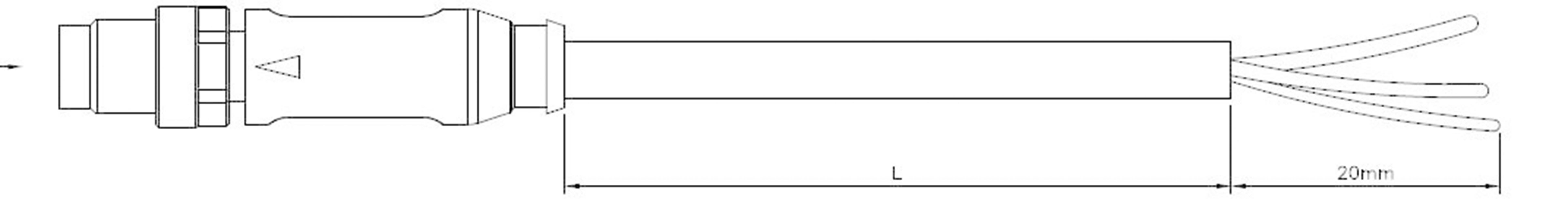 Technische Zeichnung eines zylindrischen Steckverbinders mit Kabel, Maße 'L' und 30 mm angegeben.