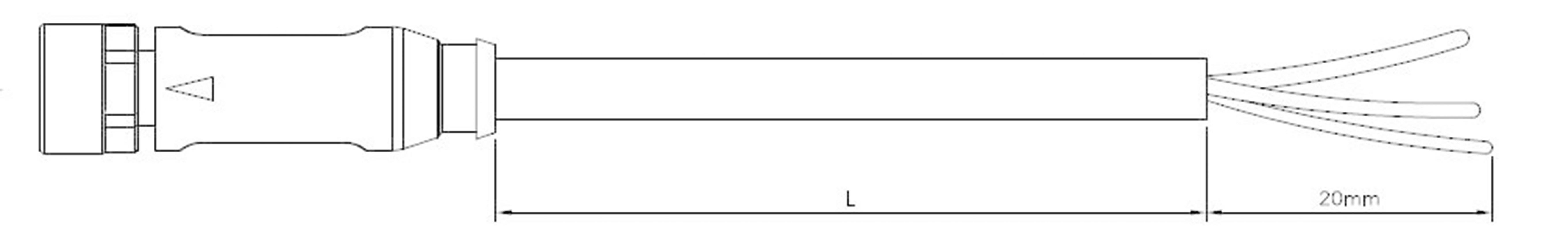 Strichzeichnung eines Kabels mit Steckverbindung und zwei herausragenden Drähten. Gesamtlänge 'L' plus 20 mm.