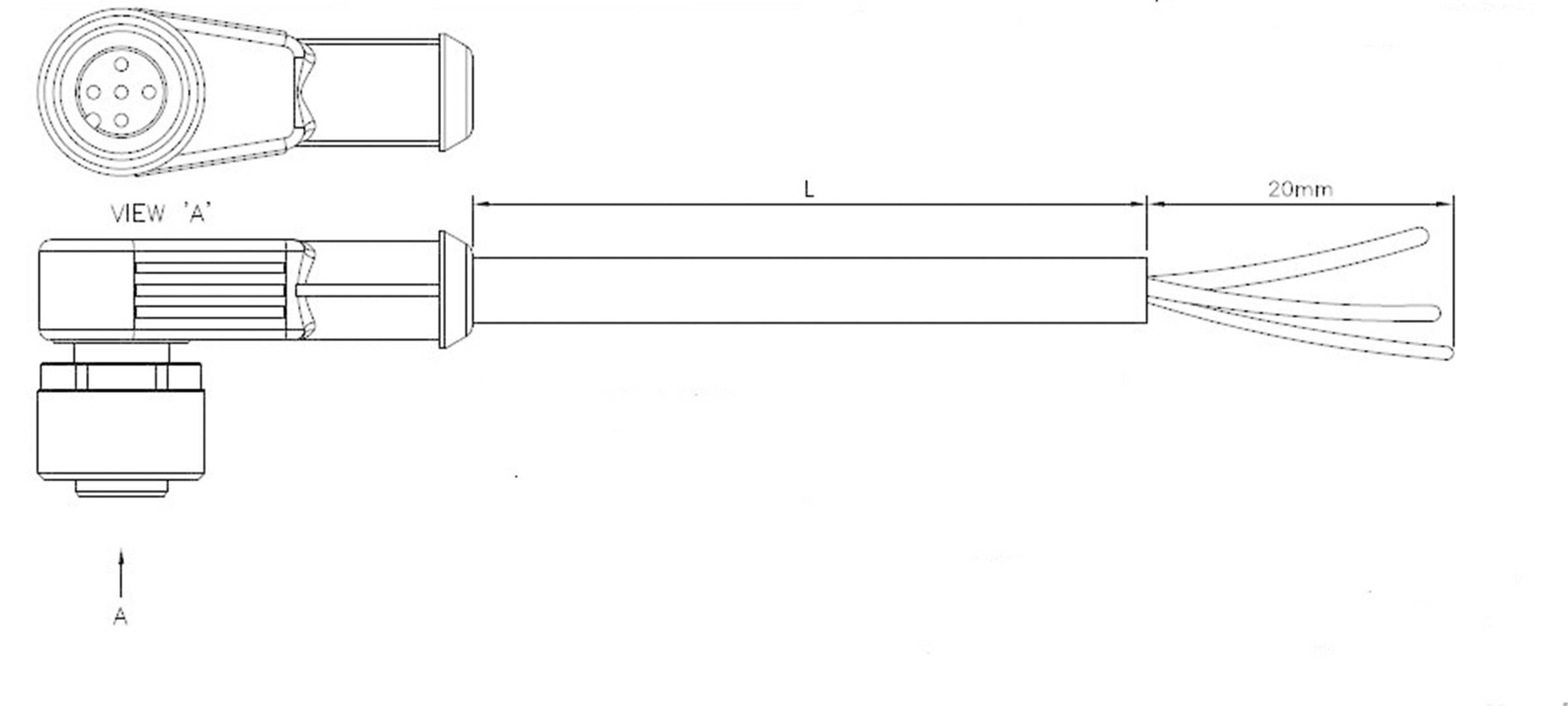 Technische Zeichnung eines Kabelanschlusses mit Maßen und Ansichten. Rechte Seite zeigt Drahtlängen, Oberseite zeigt Kabelprofil.